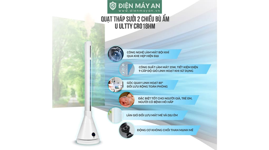 Quạt Tháp Sưởi 2 Chiều Bù Ẩm U ULTTY CR018HM 
